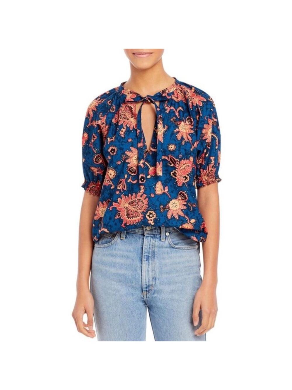 A.L.C Ellis Blue Floral Keyhole Tie Neck Cotton Blouse Size 2